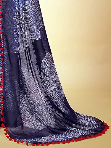 Image of AKHILAM Women's Ikat Cotton Blend Embellished Pom Pom lace Work Saree With Unstitched Blouse Piece (PUMPUM10A SR1 P)