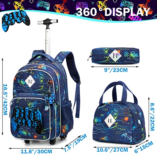 Meetbelify Rolling Backpack for Boys with Wheels Kids Travel Suitcase Laptop Luggage with Lunch Box Set for Boys Age 6-82