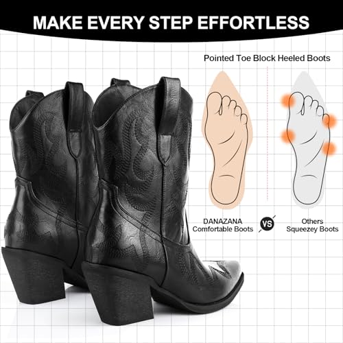 Wide Calf Cowgirl Ankle Boots Women Western Embroidered Booties Lady Pointed Toe Pull On Boot Retro Country Cowboy Ankle Boots Size 6-114