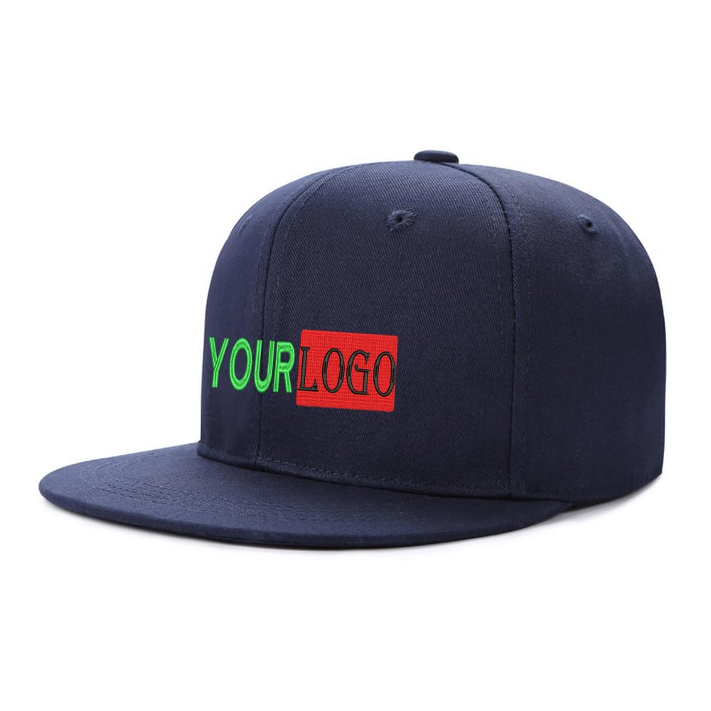 Custom Logo & Text Snapback Hat/Cap | Embroidered Front Hip Hop Flat Bill HAt | Personalized Flat Brim Hats Navy