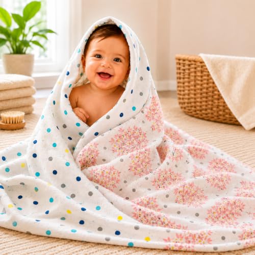 Image of Organic Cotton Muslin Pack of 2 Baby Bath Towel Cotton Cloth Premium Baby Washable, Reusable, Absorbent, Extra Soft 120 X 120 Cm Multi Dot & Leaf Dot