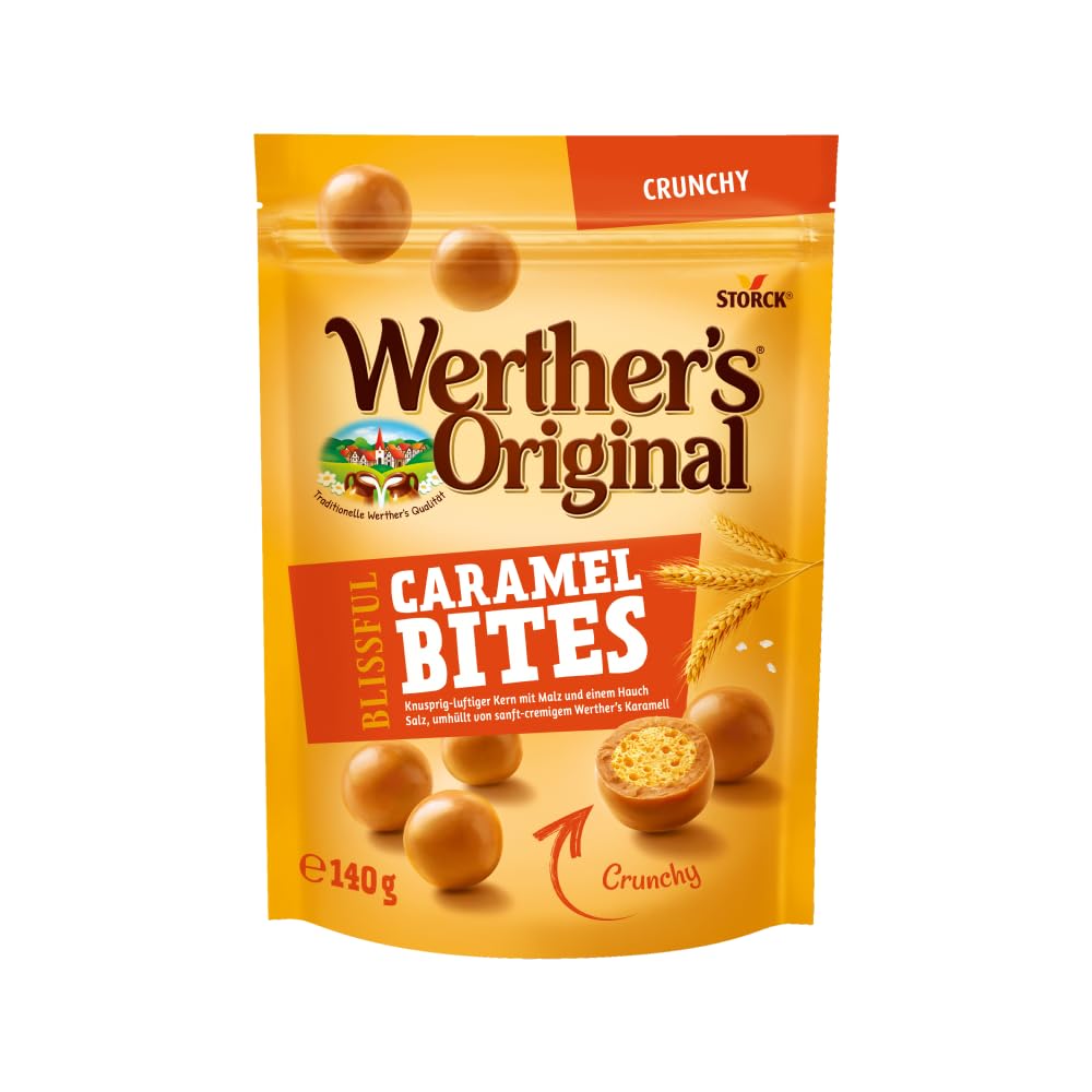 Werther's Original Blissful Caramel Bites Crunchy – 1 x 140 g – Cremige Karamellkugeln mit knusprig-luftigem Kern aus Malz und leichter Salznote