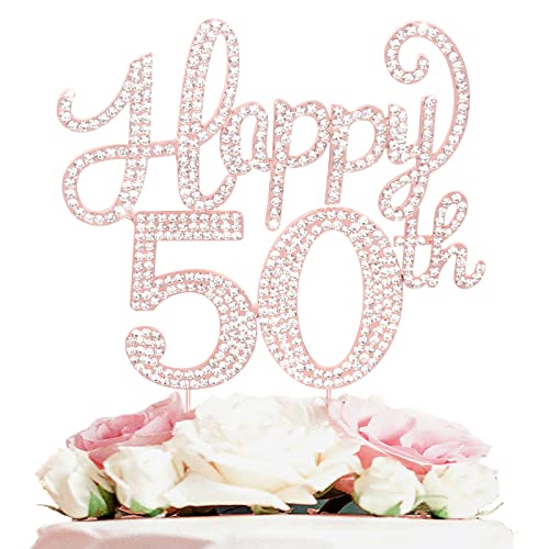 Happy 50Th Birthday Rose Gold Rhinestone Cake Topper - 50Th Birthday/Anniversary,Cheers To Fifty Years Old Bday Party Metal Sparkly Centerpieces Decorations. #TOP26