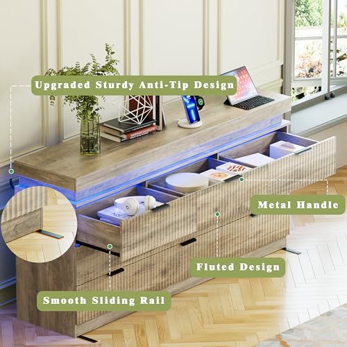 Image of 9 Drawer Dresser with LED Lights and Charging Station, 63 inch Wide Grey Wood Fluted Dresser for Bedroom, Modern Chest of Drawers for Closet Dresser TV Standt for Living Room, Entryway, Hallway
