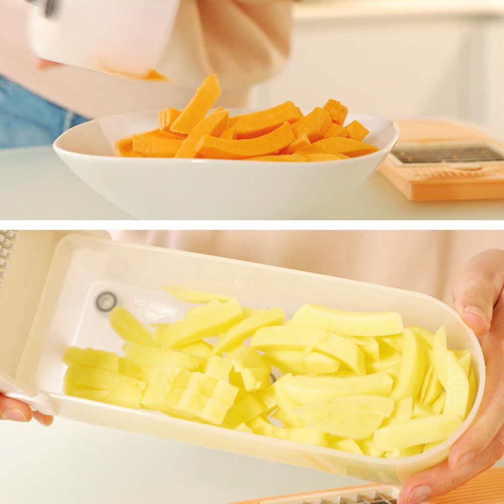 Durandal Coupe légumes et fruits sécurisé 3 lames inox tranche découpe frites rondelles dés râpe fromage bac récupérateur