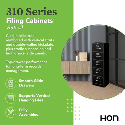 Image of HON 5 Drawer Vertical File Cabinet with Lock, Metal Filing Cabinets with 5 Drawer Letter File for Offices, Hanging Files, and Vertical Letters, 26.5 inch Deep, Putty