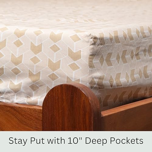 Image of Amazon Brand - Umi Cotton Fitted Bedsheet, Queen Size 78x60 Inches, Elastic Fit Bed Sheet, 10 Inch Deep Pocket, Soft Breathable Bedding, Durable Easy Care, with Pillow Cover-Ivory Matrix