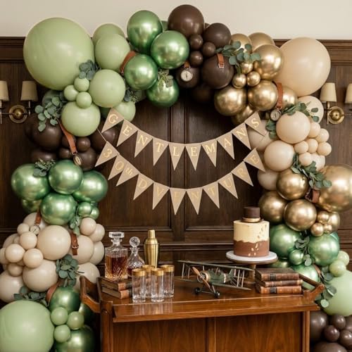 Image of Sage Green Brown Safari Balloons, 60PCS Dusty Olive Green Coffee Beige Metallic Gold Eucalyptus Latex Balloon, Camo Army Hunting Balloons for Woodland Baby Shower Birthday Party Decorations Supplies