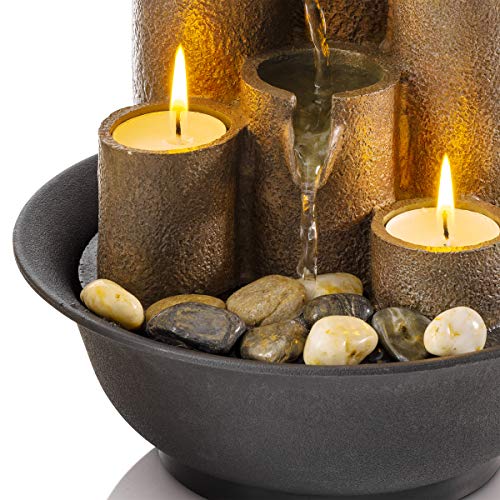 UNITEDESSENTIALINDOOR WCT202 Indoor Tabletop Tiered Water Fountain Featuring 3 Candles for Desktop and Table, 11", Brown 10