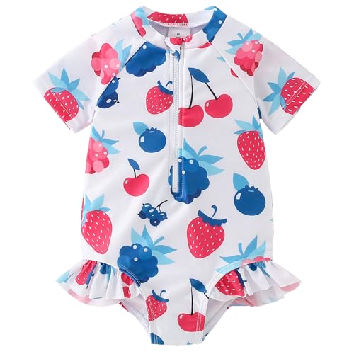 Image of AMIYAN Toddler Girls One-Piece Swimwear Short Sleeve Ruffle Swimsuit Zipper Rash Guard Bathing Suit for Little Girls 1-5Y