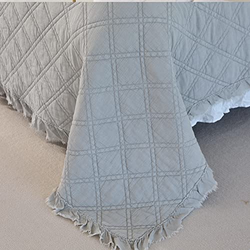 Evenhug Stone Washed Cotton Quilt Set Solid Color | Ruffle Edges Shabby Chic Bed Coverlet With Pillow Sham | Minimalist Diamond Stitched Bedspread For Bed Cover All Seasons (Grey, King) #TOP4