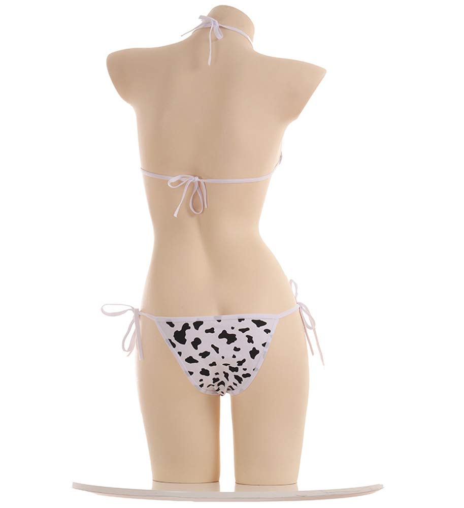SINROYEE Kostium cosplay anime seksowna mini krowa bikini zestaw bielizny strój pokojówki dalmatyńskie mleko lampart strój kąpielowy, Zestaw biustonoszy bikini i pończochy krowa, rozmiar uniwersalny