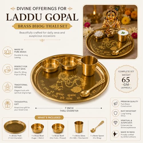 Image of Traditional Brass Puja Thali Set for Mandir & Festivals | Brass Aarti Thali Plate for Bhog, Diya & Pooja Rituals | Ideal for Diwali Navratri Karwa Chauth Home Temple Decor (Set of 5)