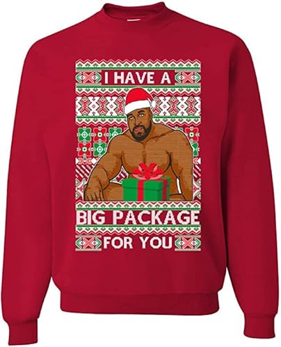 wild custom apparel Ugly Christmas Sweater I have a Big package Meme Barry Wood Ugly Christmas Sweater CrewNeck, Red, X-Large