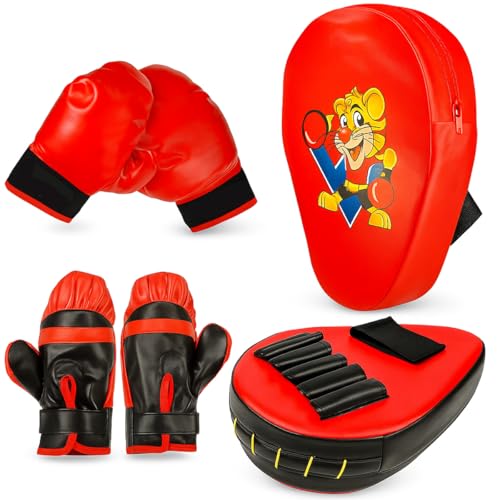 Toyana Kids Boxing Gloves and Pad Set Adjustable Fit Junior Mitts for Sparring Punch Bag Kickboxing Muay Thai Practice Punching Workout Fitness Sports Gift for Boys Girls