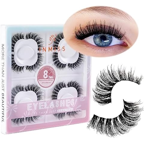 INMISS Air Lash 3D Mink Full Fluffy Wispy Mink Lashes Volume with Invisable Clear Band 8 Pairs 18mm Long Eyelashes Natural Look Cover