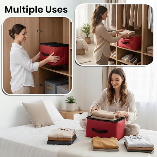 Image of Storite 10 Pack Nylon Underbed Moisture Proof Wardrobe Organizer Storage Bag for Clothes With Zipper Closure and Handle Square - (Red & Black, 38.1x25.4x35 cm)