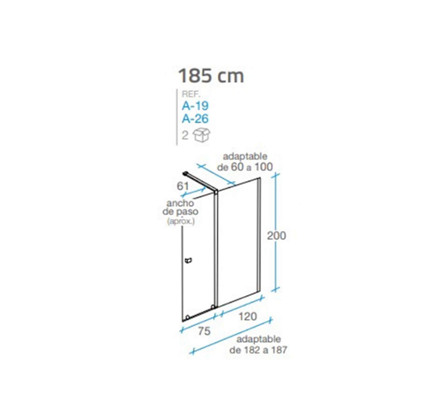 Mampara de Ducha Moderna FRONTAL CORREDERA Málaga Cromo – Fijo y puerta Corredera TRANSPARENTE – Cristal Templado 200cm Altura - Tratamiento ANTICAL y 8mm de espesor - Cromo, 185 cm
