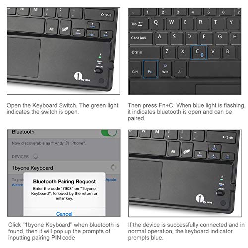 1 BY ONE Tastiera Bluetooth Ultra Sottile con Multi Touch Integrato Touch Pad e Batteria Ricaricabile per Android e Windows, Tastiera Wireless, Nera