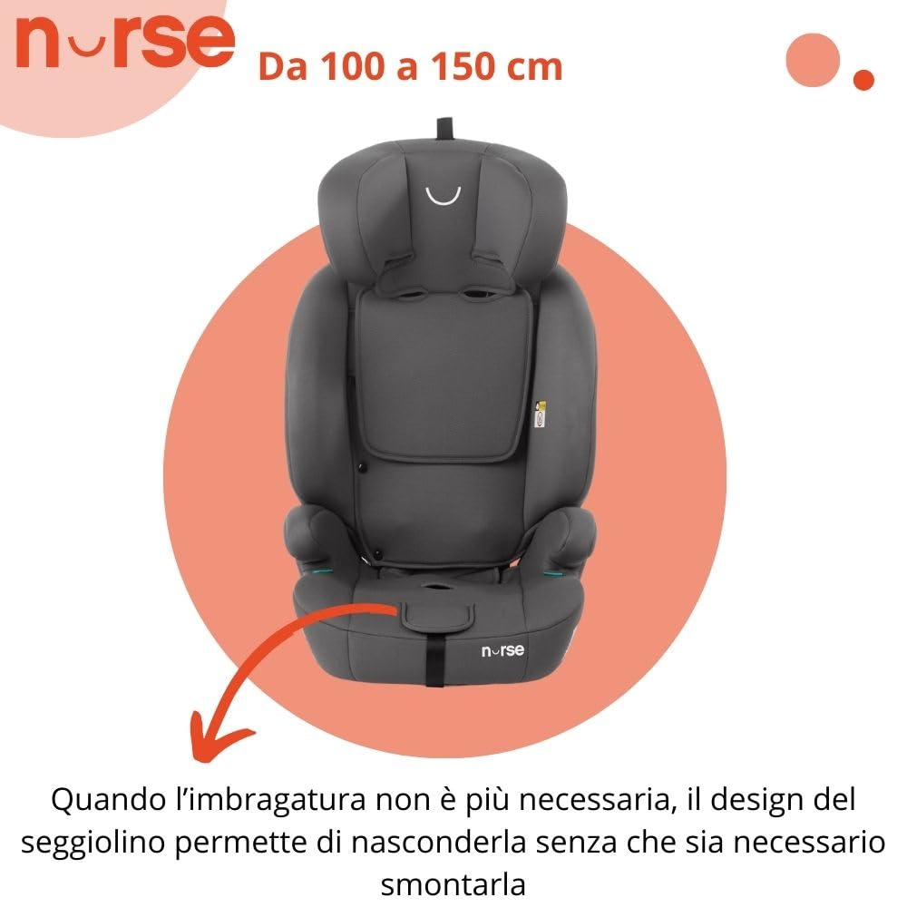 Nurse by Jané Grip Seggiolino Auto i-Size 76–150 cm, 2–12 Anni, Senza Isofix, Installazione con Cintura, 9 Posizioni, Gruppo 1 2 3, Grigio