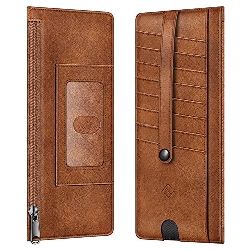 FINTIE Slim Credit Card Wallet Holder Change Pouch, RFID Blocking Business Cards Cases with Zipper Pocket for Cash, Coin, Receipt, Brown