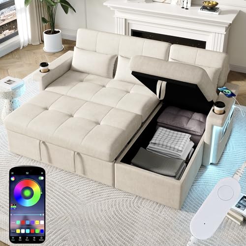 Canapé Convertible 3 Places en L avec LED et USB et Dossier Réglable, Canapé d'angle Convertible avec Rangement et Porte-Gobelet, Canapé Lit avec Coussins...