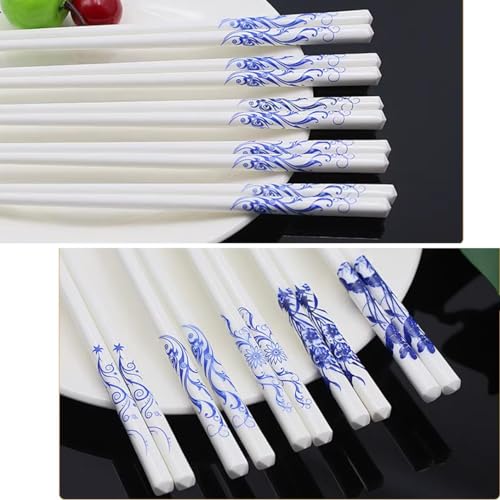 Baguettes en Porcelaine Bleue et Blanche 5 Paires de Baguettes en Céramique de Se Japonais Passent au Lave-Vaisselle Coffret Cadeau de Baguettes de Style Classique Réutilisables avec Boîte E
