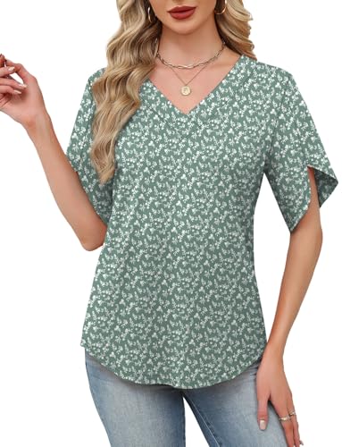 Image of WIHOLL Womens Summer Tops Short Petal Sleeve Shirts Fashion V Neck Womens Clothing