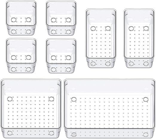 Image of Clear Plastic Drawer Organizers Set, 4-Size Versatile Bathroom and Vanity Drawer Organizer Trays, Storage Bins for Makeup, Bedroom, Kitchen Gadgets Utensils and Office (8 PC SET)