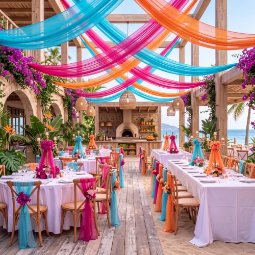 Image of Summer Wedding Arch Draping Fabric 3 Panels, Hot Pink Orange Blue | 2.46 x 20ft, Pink and Orange Sheer Chiffon Fabric Backdrop, for Tropical Colorful Sunset Party Bridal Shower Decoration