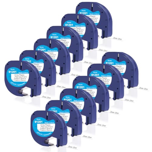 DOREE (12-Pack) 91201 91221 S0721660 Plastic Label Tape 12 mm x 4 m, Black on White Letratag Tape