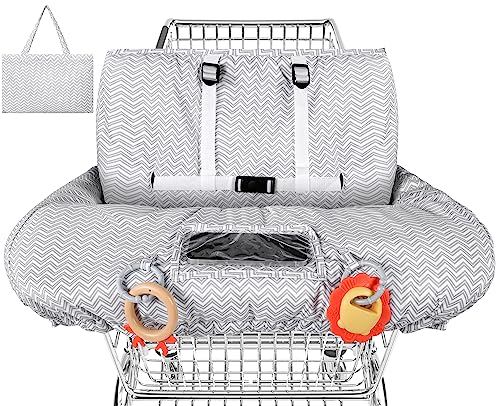 Image of Yoofoss Shopping Cart Cover for Baby, 2-in-1 High Chair Cover with Safety Harness, Multifunctional Cart Covers for Toddler, Universal Fit, Soft Padded Grocery Cart Cover for Baby Boy Girl - Gray Waves
