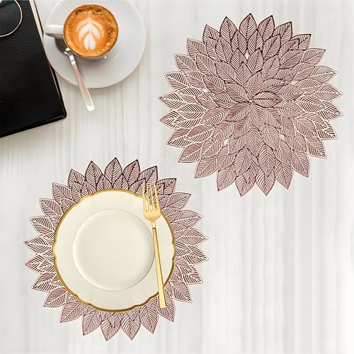 Image of Kuber Industries 2 Pcs Leather Dining Table Placemat | Heat Resistant Table Mat | Decorative Round Placemat Flower Design | Copper