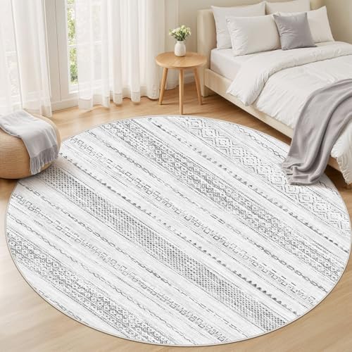 Nakagishi Round Rug Boho Area Rugs: 5x5 Washable Large Circle Neutral Soft Stain Resistant Non-Slip Carpet for Women Aged 25-45 Farmhouse Decor Enthusiasts - Living Room Bedroom Dining Room Nursery