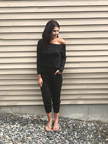 PRETTYGARDEN Women's Casual Long Sleeve Jumpsuit Crewneck One Off Shoulder Elastic Waist Stretchy Romper with Pockets (Black, Medium)