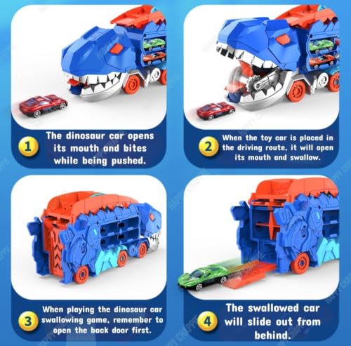 Image of Big Size Dinosaur Truck + Track Set with 8 die-cast Cars Big Hauler Truck Toys for Kids Dinosaur Car Carrier - Deformation into Race Track Gift for Boys Ages 3-6