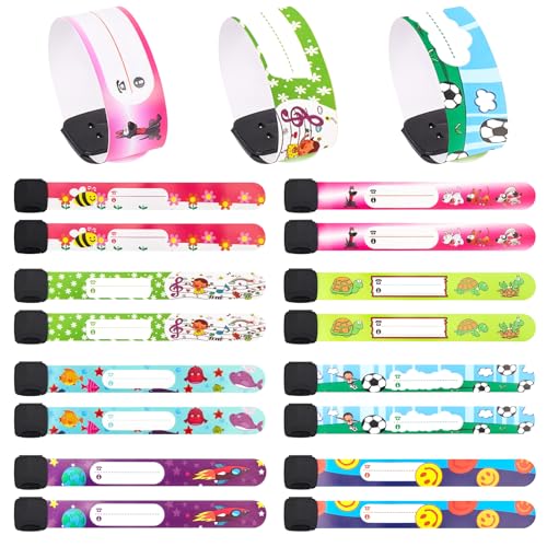 hongliang 16 Pack Child ID Bracelets,Adjustable,Waterproof Safety Wristbands for Children,Reusable Medical for Allergies,Autism & Outdoor Activities (8 Styles)