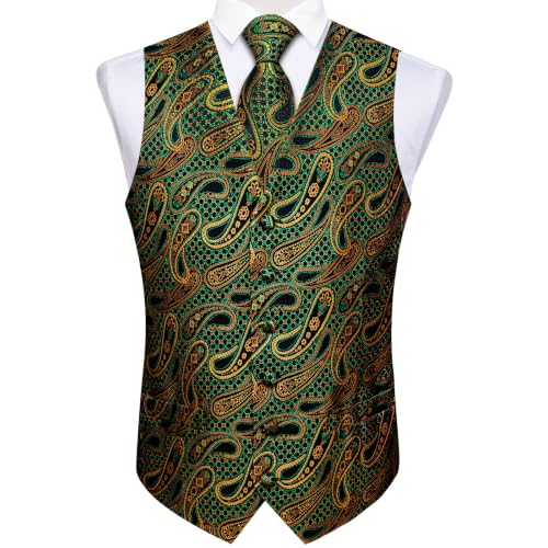 Image of DiBanGu Mens Vest and Tie Set Formal Paisley Waistcoat and Necktie Pocket Square Cufflinks Silk Suit Vest for Tuxedo Wedding
