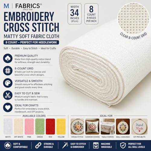 Image of Embroidery Cross Stitch Matty Soft Fabric Cloth (Cross Stitched Aida Needle Work Fabric) 34 Inches Width (8 Count Soft) - (5 Meters, White)