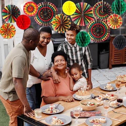 Image of Outus 21 Pcs Juneteenth Decorations Hanging Paper Fans Juneteenth Tissue Paper Poms Red Green Yellow Classroom Garland Ceiling Decor for Kente African American Party Supplies