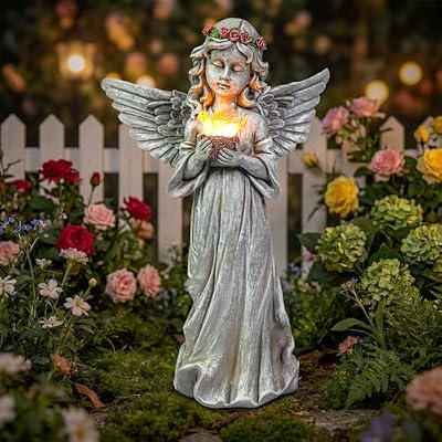Ovewios Angel Garden Statue Outdoor Decor, Angel Garden Figurine Hold Bird's Nest with Solar Lights Waterproof Resin Yard Art Decoration Lawn Ornament Sculpture for Outside Patio Yard Gift