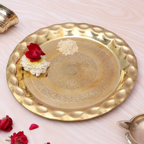 Two Moustaches 10 Inches Floral Carved Design Brass Pooja Thali, ...