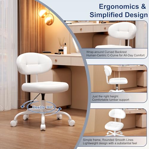 Image of Misolant Vanity Chair with Back, Small Armless Cute office Chair with wheels and Lumbar support, Comfy PU Leather Desk Computer Chairs with Adjustable Height, 360Swivel for Home Bedroom Office, White