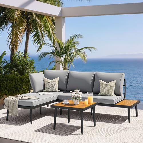 Image of Greesum Outdoor Sectional Sofa Set L-Shaped Metal Patio Furniture with All-Weather Cushions and Built-in Side Coffee Table for Garden, Lawn, Backyard, Poolside, Gray