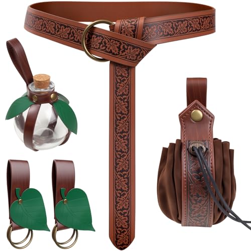 5 PCS Belt Pouch Waist Bag Retro Medieval Viking Leather Belt Magic Potion Bottle Renaissance Halloween Cosplay Costume Sets (Leaf Green)