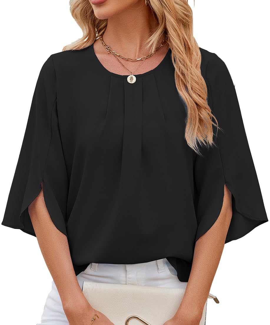 OLIPHEE Blusa De Mujer Camisa Elegante Manga De Volante Cuello Redondo Color Liso Camiseta Casual Holgada Primavera Verano