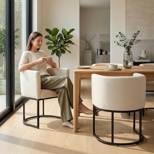 Image of HNY Mid Century Modern Upholstered Barrel Dining Chairs with Arms Set of 3, Linen Kitchen & Dining Room Chairs, 18.5 inch Wide Accent Chairs for Dining Room Living Room with Black Metal Frame, Cream