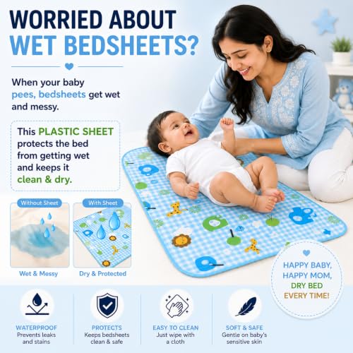 Image of Mommers New Born Baby Waterproof Plastic Dry Sheets | Mattress Protector Sheets Medium Size | Diaper Changing Mat for Infants & Toddlers | Waterproof & Reusable Mattress Protector | Baby Oiling Mat