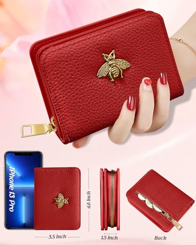 Image of Bistup Leather 12 Slot Accordion Card Holder Wallet, Red Bee | Accordion Storage, Zipper Around Closure, Compact Patterned Wallet for IDs, Cards, Cash, Daily Carry and Gifts