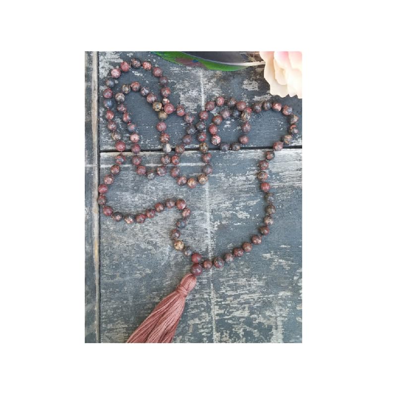 WORLD WIDE GEMSleopardskin jasper Stone Mala Beads, 108 Mala Necklace, Knotted Mala, WWG Necklace, Yoga Jewelry Meditation Beads Spiritual Jewelry Boho Jewelry, 34inch, Gemstone